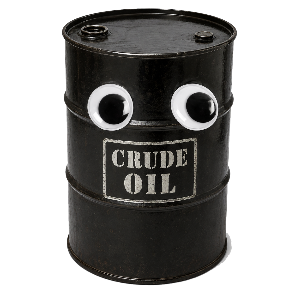 A black crude oil barrel with googly eyes